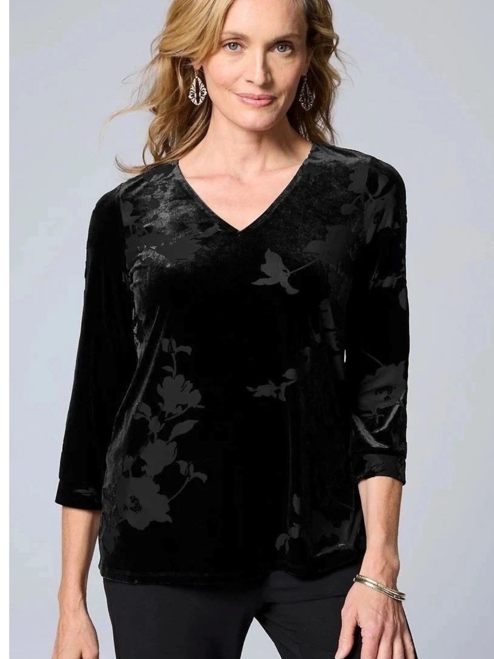 J Jill Black Burnout Velvet V-Neck Top